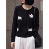 Ropa de mujer transfronteriza 2026 principios de otoño nuevo lana moda francesa versátil estampado integral jacquard de gatito cárdigan de punto de cuello redondo