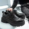 Sapatos Derby masculinos britânicos vintage, estilo old money, sapatos com sola grossa para aumentar a altura, sapatos de couro pretos puros com cadarço, bico largo, sapatos Mickey
