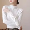 Camiseta Popular Europea en Stock con Cuello Medio Alto Borde de Volantes Camisa Base para Mujer Versátil Color Sólido Manga Larga Corte Delgado Top Interior