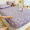 Juego de Sábana Acolchada de Algodón Puff de Doble Capa con Estampado Floral de Dibujos Animados, Juego de Tres Piezas, Protector de Colchón, Funda de Almohada Individual