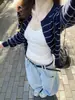 Cárdigan de punto ligero a rayas azul marino para mujer, abrigo suéter de otoño de un solo botón, top casual que estiliza de manga larga