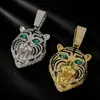 Estilo Hip Hop Transfronterizo Europeo y Americano Aleación Incrustada Pedrería Ojo de Esmeralda Tigre Colgante Goteo de Aceite Cabeza de Tigre Feroz Collar de Animales para Hombre