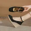 Jin Gang MJ90203 Estilo Nacional Chinês Tecelagem de Palha Corda de Cânhamo Solado Grosso Tiras com Fivela no Tornozelo Sapatos Femininos de Salto Aumentador para Pessoas Baixas