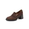 Sapatos Loafers Quentes Forrados com Lã, Bico Redondo Estilo Retrô em Couro Camurça, Tamanho 7cm~Grande para Mulheres, Salto Grosso, Corte Profundo, Sapatos de Couro de Salto Alto