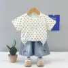 Comércio Exterior Roupas Infantis 2026 Verão Novo Conjunto de Moda Oxygen Girl Bolinhas Laço Manga Curta Conjunto de Duas Peças Atacado