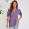 Novedad de verano 2022 en Amazon, tops cruzados europeos y americanos para mujer, camiseta casual de color liso con cuello en V y manga abullonada, holgada para mujer