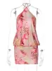 Moda Femenina Europea y Americana Verano 2026 Nuevo Vestido Corto Estampado Estilo Chica Sexy Caliente con Cuello Halter de Corbata y Espalda Descubierta Bodycon