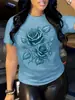Camiseta Estampada para Mujer Talla Grande - Manga Corta Cuello Redondo con Estampado de Rosas Moradas, Lavable a Máquina, Ropa Casual para Fiesta