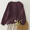 26ª nueva temporada de principios de otoño estilo artístico color liso cuello redondo manga larga para mujer algodón holgada versátil camisa