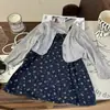 Ropa Infantil Estilo Coreano 2025 Nuevo Verano Faldas con Tirantes Florales para Niñas Cardigan Gris Protector Solar para Niños Conjunto de Dos Piezas Moderno