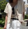 Chic Coreano2026 Verano Vintage Holgado Casual Manga Corta Dos Botones Mezcla de Algodón y Lino Blazer para Mujer