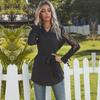 Bai Fen Zhi Yi Comércio Exterior Transfronteiriço Roupas Femininas Estilo Europeu e Americano Cor Sólida Gola Alta Amarração Malha Transparente Camisa Preta