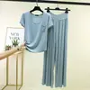Novo conjunto de verão para tamanhos grandes: top de manga curta e calça comprida casual de cintura alta, adequado para uso ao ar livre, conjunto feminino de modal para casa