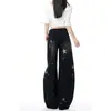 Calça jeans feminina wide leg com estampa de estrelas pretas, novo estilo outono, design único, corte solto, lavada, comprimento total