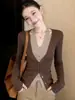 Casaco casual chique único bonito cor de café gola halter top de tricô feminino outono estiloso elegante top falso de duas peças