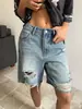 Jeans Five-Point Denim Cross-Border 2026 com Buracos, Bordas Rasgadas e Estilo Europeu e Americano Único para Mulheres, Casual Retrô