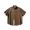 Camisa de Verão Nanxia Estilo Japonês Retrô Color Block Cor Sólida Bolso Canguru Gola Reversível Casual Americano Solta de Manga Curta para Homens e Mulheres