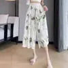 Calça-Saia 3D com Cintura Elástica de Seda Gelada para Mulheres, Estilo Fino de Verão, Calça Tie-Dye com Estampa Estilo Chinês Pintura a Tinta, Calça Cropped de Perna Larga Plus Size