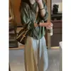 Camiseta a rayas de manga larga de algodón nube verde para mujer, al por mayor para otoño e invierno, holgada y versátil, estilo casual, adecuada para personas petite