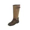 Botas femininas longas de couro, novo estilo 2026, salto grosso, design color-block, fivela de cinto retrô, botas de cano alto, botas de cowboy western