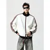 Moletom cardigã retrô listrado patchwork gola alta estilo americano, nova coleção de outono masculina, modelagem solta, estilo casual, esportivo e preppy