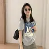 Camiseta de Manga Curta 100% Algodão Puro Estampa Criativa Graffiti Desenho Animado Estilo Coreano para Mulheres Verão Casual Estilo Preguiçoso Versátil