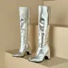 Novas Botas Europeias e Americanas Femininas Botas de Salto Grosso Botas Altas Botas de Cavaleiro Douradas Prateadas Tamanho Grande Desejo Botas de Exportação