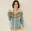Nuevo Suéter de Cachemira Otoño e Invierno Cuello Alto Cremallera Cardigan de Lana Tejida Abrigo Suéter Holgado para Mujer Bloque de Color Retro