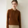 Macio e aconchegante~Suéter feminino 100% cashmere puro com gola polo, blusa de malha casual tipo pullover, elegante suéter com gola virada
