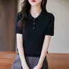 Camiseta de Punto de Algodón Puro Estilo Nuevo Ajuste Delgado Cuello Polo Retorcido Manga Corta para Mujer Camiseta Casual para Mujer