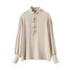 Camisa de Seda Pesada de Amora para Outono Feminina, Gola Alta, Manga Longa Francesa com Bordas Plissadas, Blusa Profissional para o Trabalho