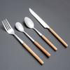 Cuchara tenedor postre mango delgado de madera vajilla de acero inoxidable 410 juego de tres piezas para bistec vajilla occidental juego de cuchillo tenedor cuchara