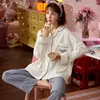 Pijama mujer primavera y otoño algodón manga larga holgado talla grande color liso prenda exterior otoño e invierno traje para estar en casa