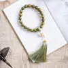 Pulseira de Contas Budistas de Sândalo Verde Natural Estilo Étnico Sândalo Tassel de Mão Acessórios Hanfu Pulseira de Joia para Homens e Mulheres