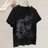 Camiseta de Manga Curta com Estampa de Flores de Letras de Fundo Alto para Mulheres Petite Slim Curta Casual Camisa Básica Tops para Mulheres