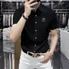 Camisa branca de seda gelada de manga curta para homens, da marca francesa de luxo, corte slim, sem rugas, camisa business casual, versão leve de verão