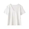 Camiseta Básica Versátil de Cor Sólida com Gola V Canelada de Manga Curta para Mulheres Verão Simples Cropped Slim Fit Tamanho Pequeno