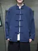 Camisa larga de manga larga de gran tamaño para hombre para primavera y otoño, estilo chino con cuello abotonado, chaqueta tipo traje Tang, corte holgado, color liso, camisa casual de algodón y lino