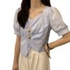 Camisa blanca corta con cuello en V irregular para mujer, diseño de nicho, ropa de primavera 2021, nueva blusa de manga corta con burbujas