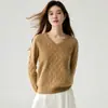 Suéter de Punto Grueso con Cuello Suelto de Cachemir para Mujer, Nuevo para Otoño/Invierno, con Lentejuelas, Cuello en V, Trenzado de Diamante, Base de Punto Casual