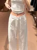 Calça larga de cintura baixa com cordão branca para mulheres, fina de verão, solta, casual, modeladora, com caimento, de seda gelo, reta