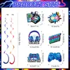 Decoraciones para fiesta de cumpleaños de pastel con temática de juego de neón transfronterizo, incluyendo adornos colgantes, pancartas y centros de mesa.