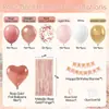 Conjunto de arco de balões rosa claro em ouro rosé, best-seller internacional, com cortina de seda tipo chuva e balões de folha em formato de coração para decoração do primeiro aniversário de uma menina