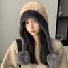 Gorro Cálido de Invierno para Cabeza Grande con Bola Colgante de Felpa Gorro Lindo con Protección para Orejas para Mujer Terciopelo Plus Grosor Extra Gorro de Tejido Cálido con Bloques de Color