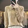 Camisa de Punto Elegante para Mujer, Estilo Nuevo de Primavera, Cuello Polo, Manga Larga, con Bolsillo y Broche, Lana Fina