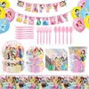 Princesa Rosa Desenho Animado Tema Festa de Aniversário Sonho Menina Decoração Pratos de Papel, Guardanapos, Toalha de Mesa, Arranjo de Louça Descartável