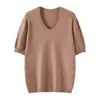 Top de punto de manga corta para el trabajo, corte ajustado, versátil para mujer, con diseño de cuello en V, cuello floral, transpirable, adecuado como prenda exterior.