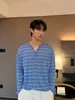 Directo del fabricante: Camiseta de punto de manga larga a rayas para hombre, de estilo americano moderno y corte relajado, un top versátil y casual estilo Henley