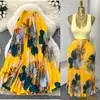 Falda de Moda Plisada Elástica Vintage Estampada para Mujer, Falda de Cintura Alta Línea A, Falda Larga para el Trabajo con Dobladillo Ancho y Caída, Verano