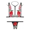 Ropa Interior Sexy Nueva Camisón de Tirantes con Abertura Encaje Bordado Malla Conjunto de Tres Puntos Pijama Sexy